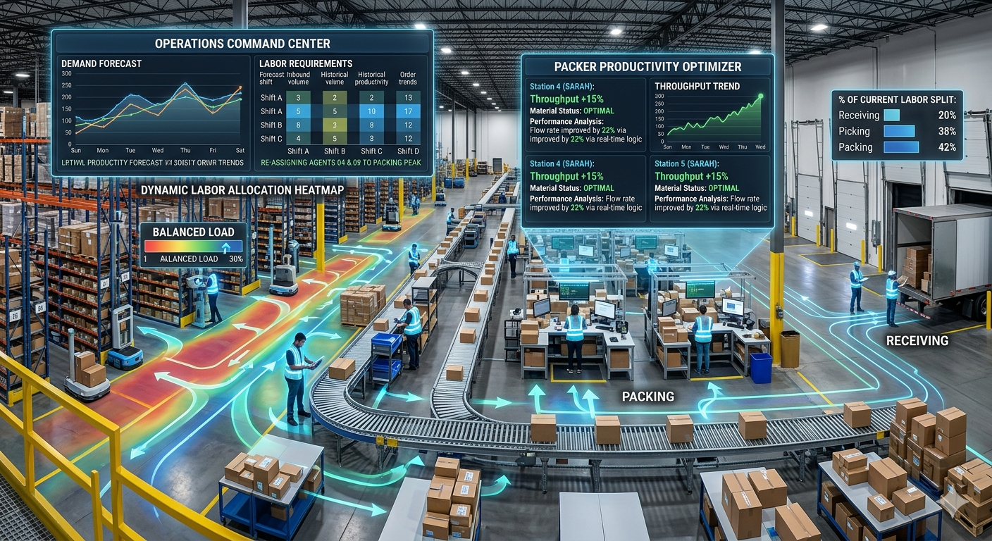 AI agent-powered WMS managing Forecasting and Labor Planning,Dynamic Shift and Task Allocations,Optimizing Packer Productivity